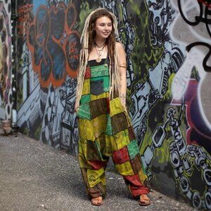 Muzer Free Size Handmade Patchwork Harem Overall Jumpsuit Boho Festival Artsy